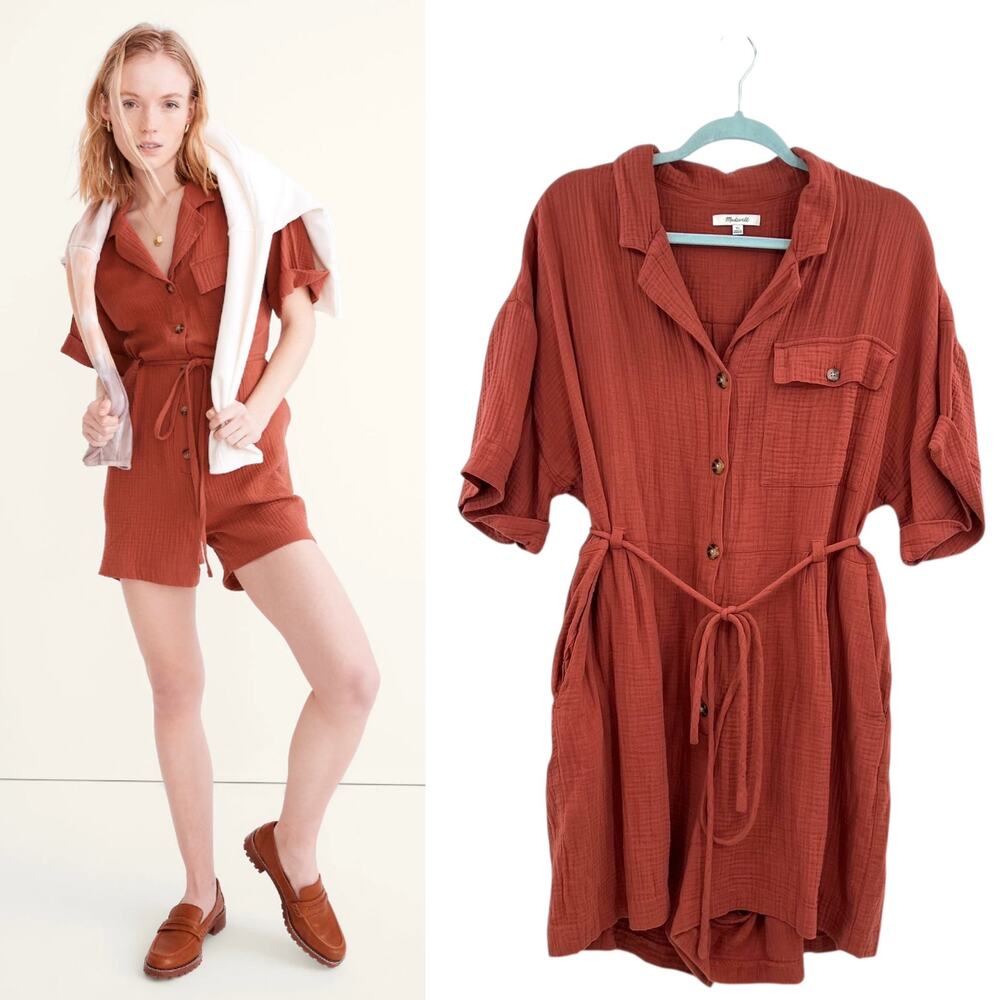 Madewell Lightspun Belted Safari Romper Shorts Short Sleeve Gauze Rust Size XL